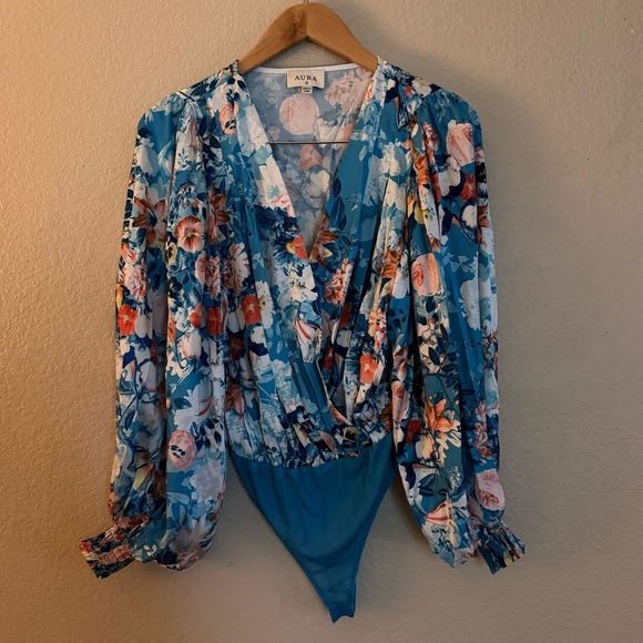 Aura Tops - Oceans Away Blue Floral print Kimono Bodysuit